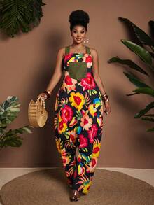 Maweii Plus Size Women's Black Summer Boho Beach Holiday Casual Jumpsuit, Printed Sleeveless Loose Harem Pocket, Adjustable Shoulder Straps Asymmetric Jumpsuit - Multicolor - View 1