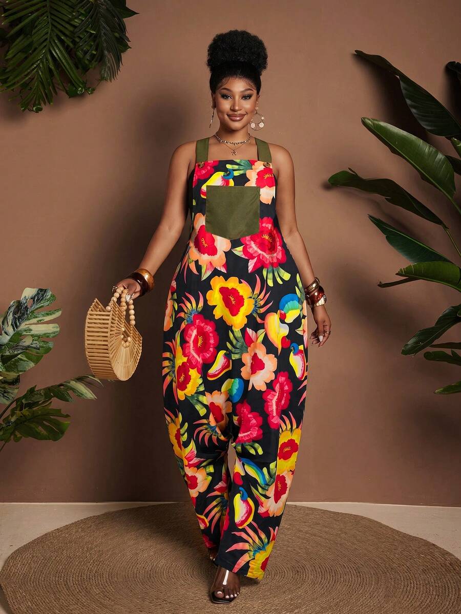 Maweii Plus Size Women's Black Summer Boho Beach Holiday Casual Jumpsuit, Printed Sleeveless Loose Harem Pocket, Adjustable Shoulder Straps Asymmetric Jumpsuit - Multicolor - View 1