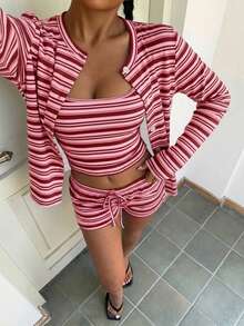 Muchica 2pcs Striped Knit Women's Set, Suitable For Outings, Street Style, Airport Looks, Chic, Y2K,Summer Outfits For Women - Multicolor - View 4
