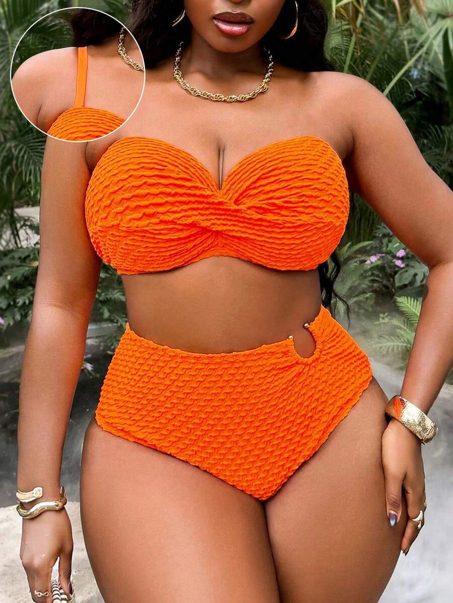 Slaydiva Plus Size Women 2pcs/Set Random Textured Fabric Casual Sexy Swimwear Set Beach Vacation Orange Summer - Burnt Orange - View 1