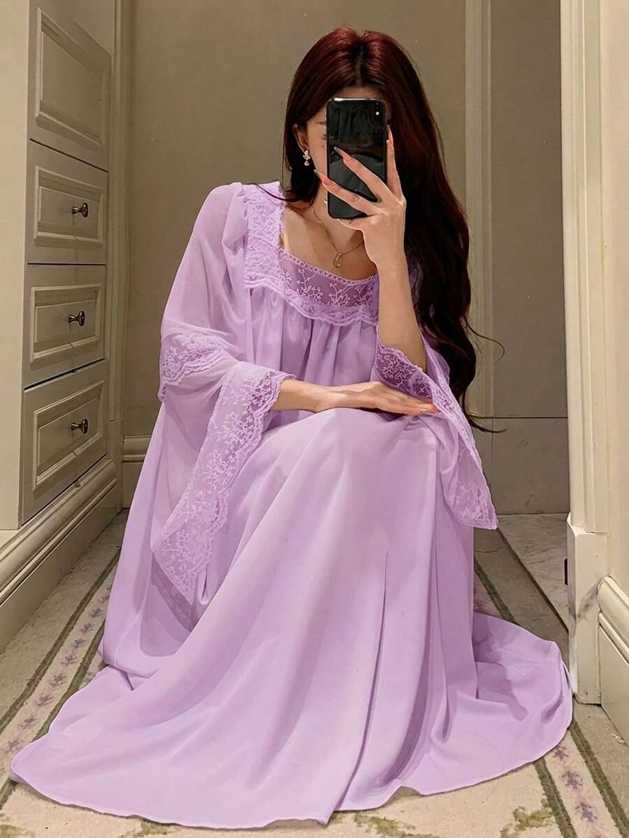 DAZY 浪漫婚紗蕾絲拼接公主風甜美長款女式睡袍睡衣 - 淡紫色 - 查看 1