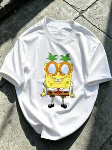 SpongeBob SquarePants | SHEIN Manfinity EMRG 男士卡通印花休閒可愛圖案街頭風百搭日常穿搭城市度假短袖T恤 白色夏季度假款 - 白色 - 查看 2