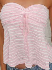 Sydney Algeri Summer Pink Striped Knitted Drawstring Tube Top - Pink - View 4