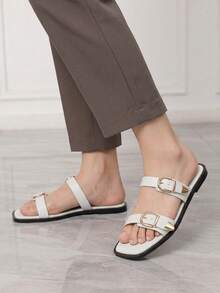 Sleekvia Ladies Comfortable Flat Wear-Resistant Versatile Metal Outdoor Flip-Flops Slippers Summer - White - View 3