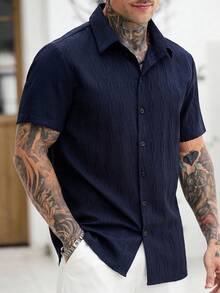 Manfinity CasualCool Men's Casual Elegant Navy Blue Short Sleeve Shirt,Summer Street Wear For Dates,Old Money Solid Color Relaxed Fit Top,Vintage Holiday Semi-Formal Gift - Royal Blue - View 6
