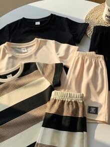 SHEIN 6件套儿童夏季服装套装，男婴舒适休闲圆领短袖T恤，条纹T恤，装饰短裤2件套，高性价比多件套，适合户外玩耍、街头摄影、派对、居家休闲等场合。 - 彩色 - 查看 4