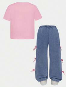 SHEIN ChillGRL 2 pièces/Set Style Y2K pour préadolescentes, T-shirt imprimé nœud et pantalon en denim avec détail nœud 3D, convient pour l'été - Rose bonbon - Voir 7