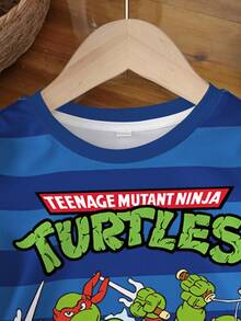 TEENAGE MUTANT NINJA TURTLES | SHEIN 男嬰夏季休閒日常通勤時尚趣味卡通字母拼色條紋印花短袖T恤 - 白色 - 查看 3