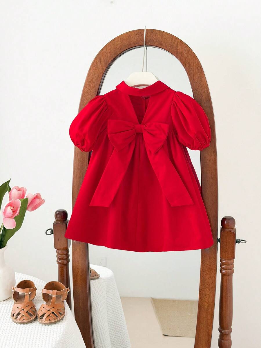 SHEIN LMoss Kids 女婴可爱短袖翻领连衣裙,夏季 - 紅色 - 查看 1