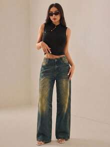 SHEIN PETITE Áo tank top cổ sườn xám kiểu Trung Quốc cổ điển dành cho nữ, màu đen, kiểu áo chui đầu thoải mái, thích hợp cho kỳ nghỉ, du lịch, áo nữ thanh lịch, áo mặc hàng ngày đi làm. Áo không tay màu đen, áo cổ cao, áo hè màu đen. - màu đen - Xem 1