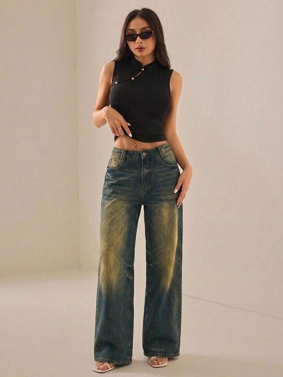 SHEIN PETITE Áo tank top cổ sườn xám kiểu Trung Quốc cổ điển dành cho nữ, màu đen, kiểu áo chui đầu thoải mái, thích hợp cho kỳ nghỉ, du lịch, áo nữ thanh lịch, áo mặc hàng ngày đi làm. Áo không tay màu đen, áo cổ cao, áo hè màu đen. - màu đen - Xem 1