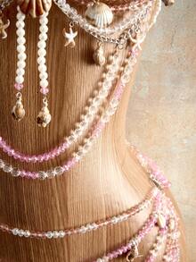 Mistrie Women's Summer Beach Beaded Shell Crystal Halter Bikini Top And Skirt Decoration Set - Pink - View 3