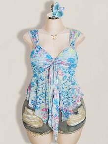 SHEIN ICON 女款大尺碼花卉印花背心上衣度假款 - 藍色 - 查看 3
