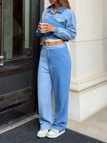 Rivivi Setelan Denim Biru Muda Wanita Gaya Jalanan Luar Ruangan Warna Blok dengan Banyak Saku dan Kancing, Cocok untuk Semua Musim - Medium Wash - View 5