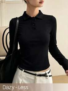 Dazy-Less Women's Casual Everyday Commute Simple Solid Color Long Sleeve Fitted Polo Shirt, Spring/Autumn - Black - View 1