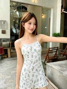 INAWLY Cute Bird Print Contrast Lace Camisole Dress - Multicolor - View 3