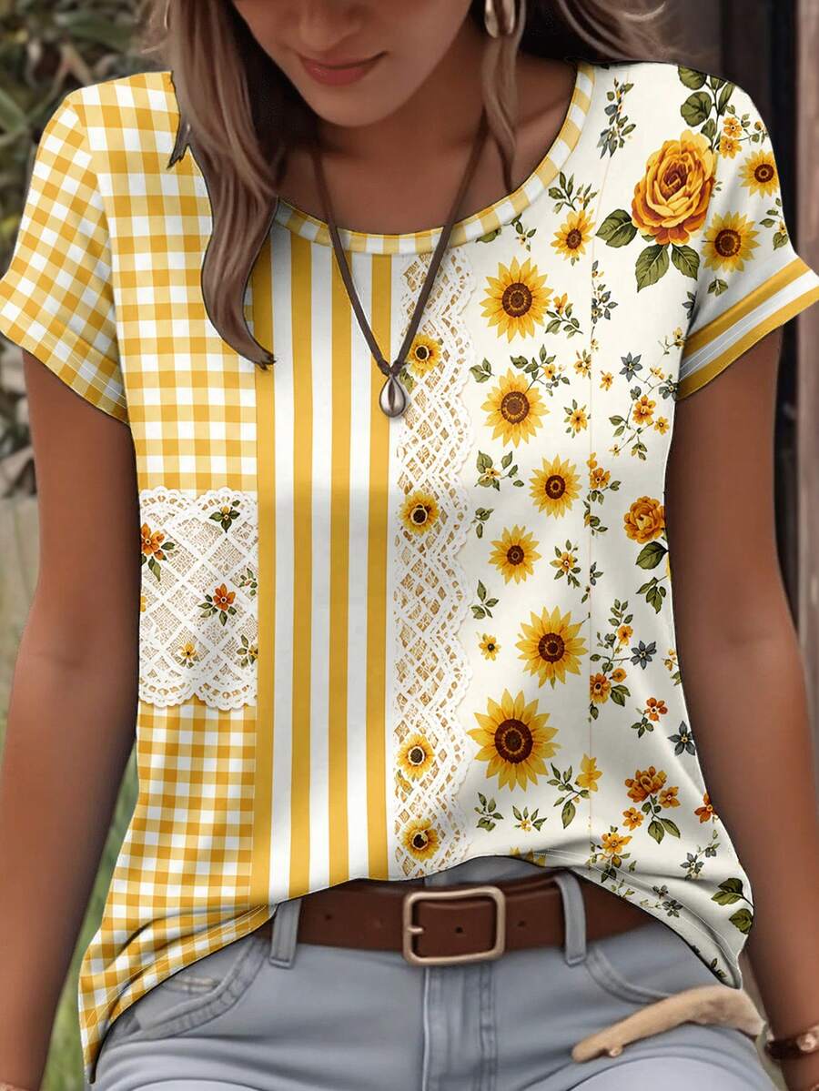 EMERY ROSE Striped Plaid Patchwork Sunflower Floral Pattern Round Neck Short Sleeve Casual T-Shirt, Plus Size - Multicolor - View 1