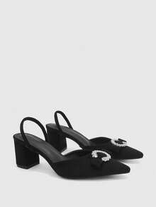CUCCOO BIZCHIC Black Suede Pointed Back Empty Mullers, Rhinestone Buckle Thick Heel With Sandals - Black 6 - View 7
