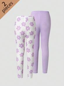 Young Girl' Purple Floral Print Elastic Waist Leggings 2 Pieces Set - Multicolor - View 2