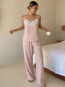 DAZY 2pcs/Set Women's Contrast Lace Patchwork Camisole Top And Pants Pajama Set, Summer - Pink - View 4