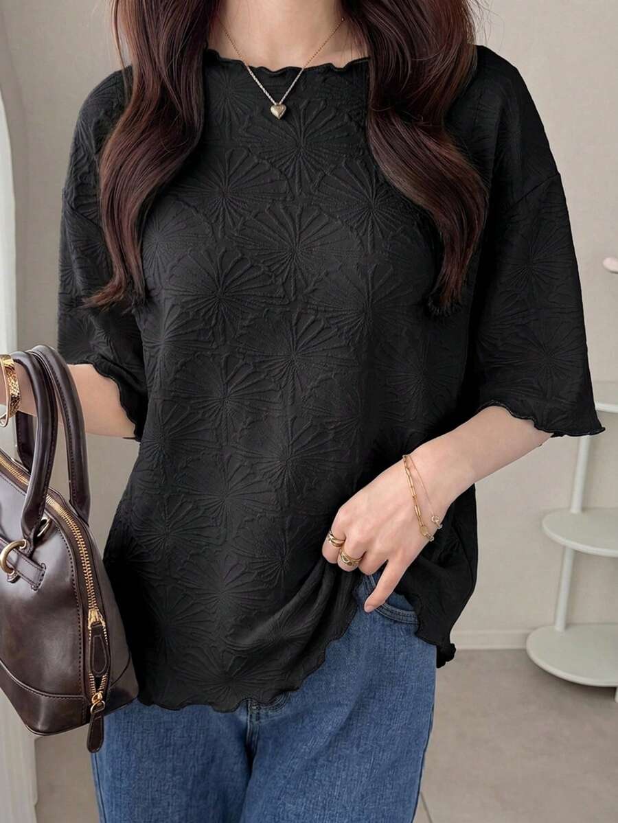 DAZY 夏季黑色紋理蕾絲寬鬆商務休閒通勤優雅短袖女款T恤辦公穿搭 - 黑色 - 查看 1