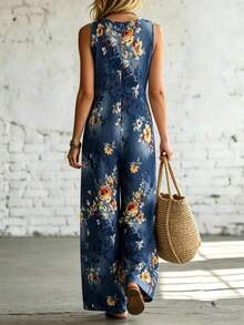 Linhara CURVE Plus Size Navy Blue Floral Print Jumpsuit, Sleeveless Single-Breasted Wide Leg Bib Pants, Flattering Casual Boho Pants For Curvy Women Vacation Summer - Blue - View 2