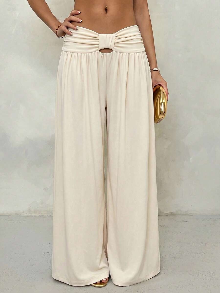 Glamine Women's Elegant Loose Waist-Cinched Long Pants, Pale Yellow, Suitable For Beach Vacation, Dating And Outings - Apricot - View 1