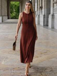 Elenary Edit Women's Round Neck, Single-Breasted, Sleeveless, Brown Dress Elegant Summer - Brown - View 6