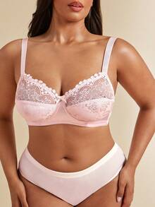 SHEIN BAE CURVE 1pc Plus Size Lace Patchwork Steel Wire Bra, Lift - Pink - View 5