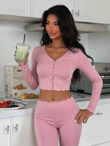 Livesso Women's Solid Color Comfortable Single-Breasted Long Sleeve Top And Casual Pants Pajama Set Fall - Pink - View 5