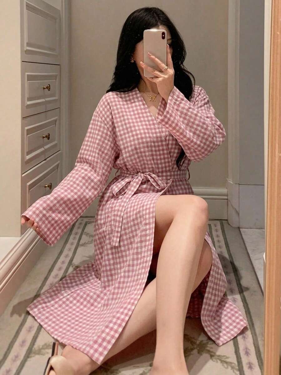 DAZY 女款格紋翻領寬鬆長款睡袍,夏季睡衣 - 粉色 - 查看 1
