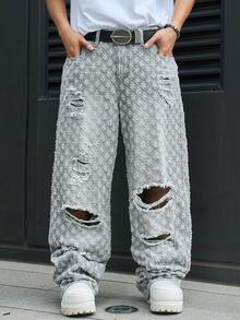 Manfinity EMRG Men's Casual Distressed Crochet Denim Jeans, Retro Gray Streetwear - Grey - View 4