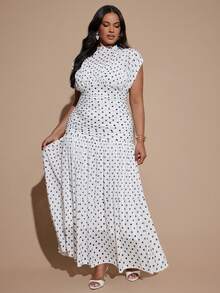 SHEIN BAE CURVE 大尺碼女款白色波點洋裝，夏季優雅 1950s 復古 80s 正式婚禮賓客長裙，派對畢業季，曲線 Y2K 風格 - 白色 - 查看 4