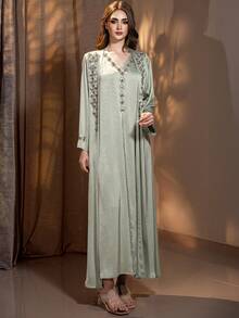 Layrah Women's Rhinestone V-Neck Dress And Long Robe Casual Party Travel Arabic Set - Green - View 5