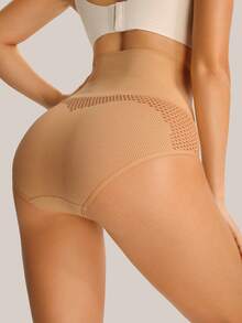 SHEIN Women's Solid Color High Waist Hollow Out Casual Everyday Shaping Shorts - Apricot - View 2
