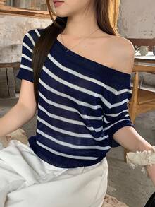 Livesso Women's Solid Color Integrated Knit Collar Polo Neck Casual Commuter Knit Top, Spring/Summer - Navy Blue - View 6