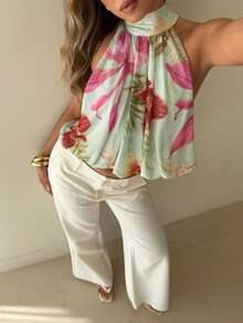 Aloruh Printed Mesh Halter Neck Top For Women - Multicolor - View 6