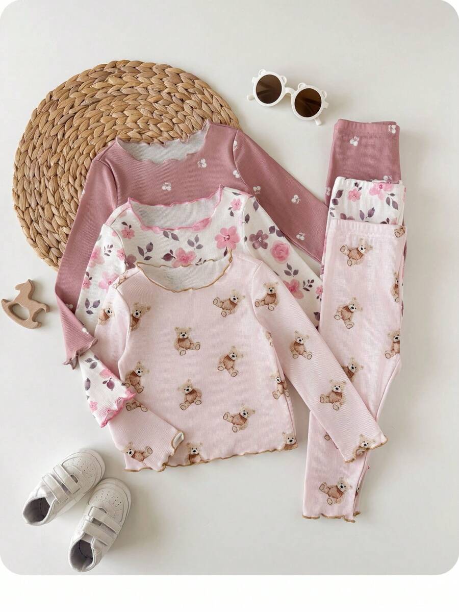SHEIN 6-Piece Set Baby Girls Bear Flower Cherry Print Top And Pants - Pink - View 1
