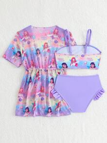 SHEIN Set Baju Renang Anak Perempuan, Baju Renang 3 Potong Motif Kartun Lucu, Modis, Kasual, Indah, dan Menawan, Cocok untuk Berenang, Liburan, dan Musim Panas - Purple - View 2