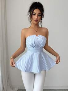 SHEIN Raffinéa Striped Elegant Sleeveless Tube Top, Pleated Neckline Detail, Suitable For Women's Birthday Outfit, Women's Blouse, Formal Elegant Top, Suitable For Women's Wedding, Latest Women's Apparel - Blue - View 7