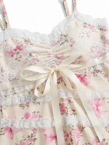 Sweetness Áo hai dây nữ phong cách vintage dễ thương lãng mạn, đính nơ, phối ren hoa, phối màu tương phản - Vàng nhạt - Xem 3