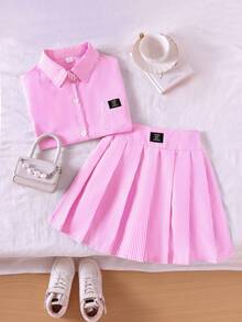 SHEIN Genkimix Kids Conjunto de blusa de manga larga a rayas azules y falda con cintura elástica decorativa para niñas preadolescentes, de moda para otoño/invierno - Rosa - Ver 3