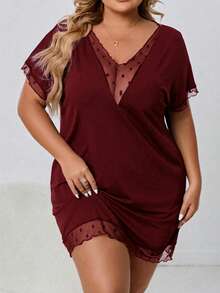SHEIN CURVE+ Plus Size Women's Mesh Spliced Black Dress, Loose Black Dress, Valentine's Day Dress - Burgundy - View 3