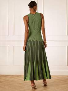 Lilora Women's Elegant French Knitted Dress Commuting Dinner High Tea Brunch Fall Dark Green Striped - Multicolor - View 2