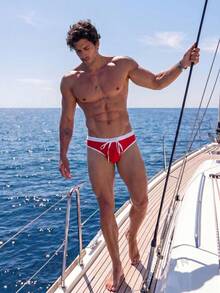 Manfinity Swimmode 2026 Nuevos Bañadores Triangulares de Bloques de Color para Hombres, Vacaciones en la Playa, Fiesta en la Piscina, Festivo - Rojo y blanco - Ver 6