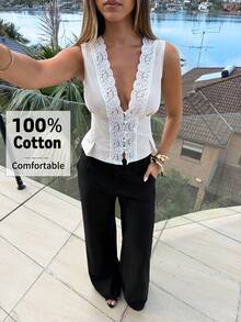 Aloruh Elegant Cream White Color Lace Trim Sleeveless Blouse For Summer Holiday Vacation - Apricot - View 9