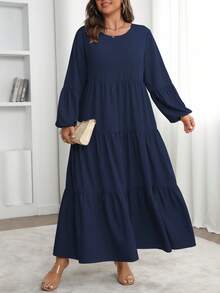 Vionelle Plus Size Women's Spring Summer Solid Round Neck Lantern Sleeve Ruffle Hem Loose Casual Dress Maxi Women Outfit Fall Cloth For Women - Navy Blue - View 6