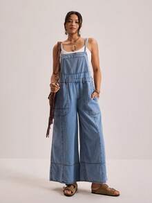 Freevana Plus Size Women's Pocket Casual Formal Daily Travel Denim Strapless Wide Leg Jumpsuit Light Blue Summer - Medium Wash - View 8