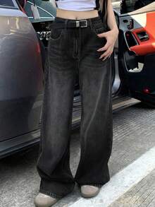 DAZY Women's Fashion Casual Slant Pocket Washed Loose Wide Leg Jeans - Black - View 8