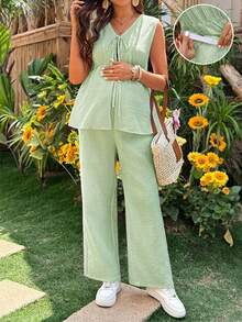 Lyckli Maternity Summer Casual Striped Front Tie Sleeveless Top And Pants 2 Pieces Set - Green - View 1